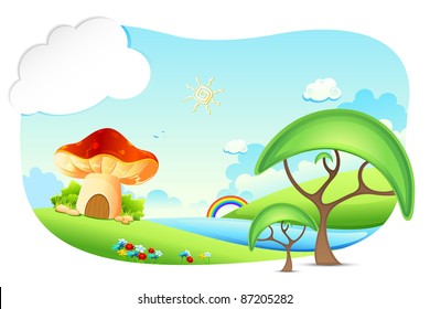 illustration of fantasy landscape with mushroom home