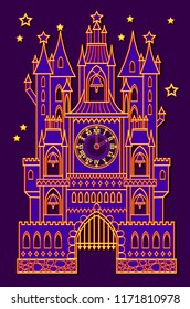 Illustration of fantasy medieval palace with bell towers from fairy tale. Vector cartoon image.
