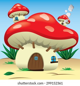 Illustration is a fantasy nature landscape with a mushroom house. Ideal for children's books and institutional material