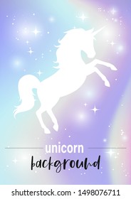 Illustration of fantasy nebula background in pastel colors and unicorn's silhouette on it. Vector.