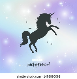 Illustration of fantasy nebula background in pastel colors and unicorn's silhouette on it. Vector.