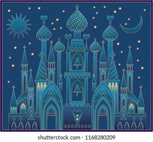 Illustration of a fantasy oriental castle eastern fairy tale. Vector cartoon image.