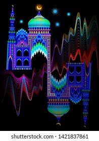 Illustration of a fantasy oriental castle at night time. Cover for kids fairy tale book. Poster for travel company. Imaginary fairyland eastern landscape. Modern print. Vector cartoon image.