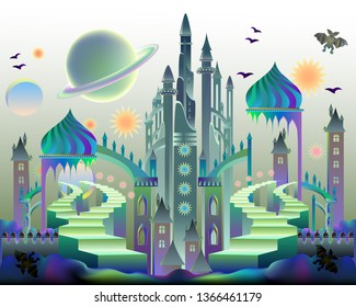 Illustration of fantasy oriental kingdom from eastern fairy tale for kids book cover. Poster for travel company. Modern print. Futuristic landscape. Vector cartoon image.