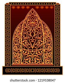 Illustration of a fantasy oriental window from eastern fairy tale Background for modern print. Vector cartoon image.