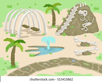 Illustration of a Fantasy Prehistoric Theme Park with Attractions Built with Dinosaur Bones