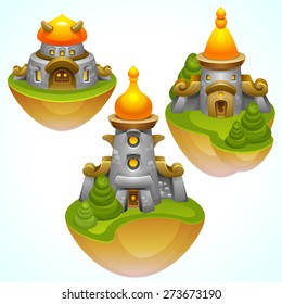Illustration of Fantasy temples on flying islands. Vector eps 10.