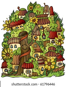 Illustration of fantasy vector fairy-tale drawing town