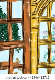 Illustration of a fantasy window to another world made in an abstract style. Two different window illustrations, between the real world and the fantasy world.