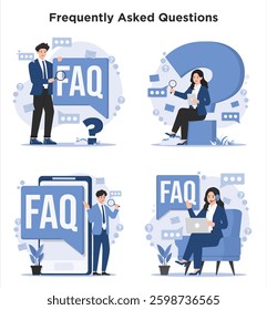 Illustration of an FAQ concept featuring a question and answer section, customer support, and help desk assistance