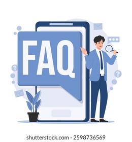 Illustration of an FAQ concept featuring a question and answer section, customer support, and help desk assistance