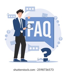 Illustration of an FAQ concept featuring a question and answer section, customer support, and help desk assistance