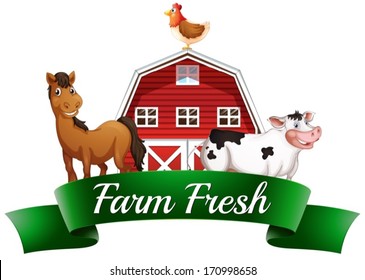 Illustration of the farm animals, a barnhouse and a signboard on a white background