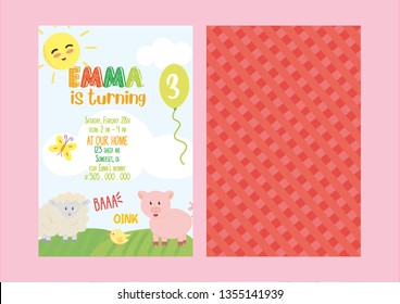 Illustration of farm animals for birthday invitation or greeting cards for girls. Farm invitation to child - Vector
