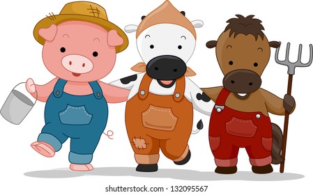 Illustration of Farm Animals dressed as farmers