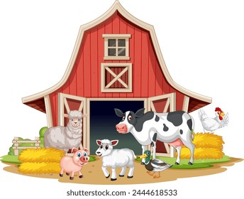 Illustration of farm animals in front of a barn