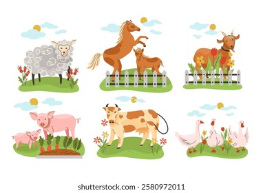 Illustration of farm animals including sheep, horse, goat, pigs, cow, and geese in a pastoral setting with flowers and fences.