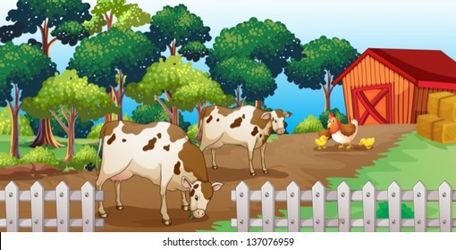 Illustration of a farm with animals inside the fence