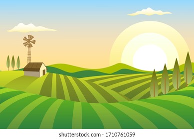 Illustration Farm Background, Hill Farm And Sunshine, Eps Vector