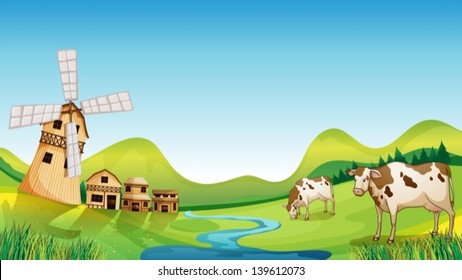 Illustration of a farm with a barn and cows