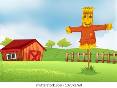 Illustration of a farm with a barn and a scarecrow