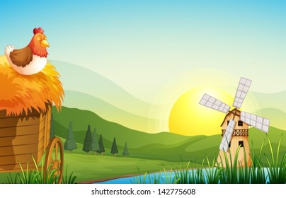 Illustration of a farm with a barnhouse and a windmill