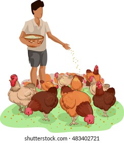 Illustration of a Farm Boy Carrying a Basket of Feeds While Feeding Free Range Chickens