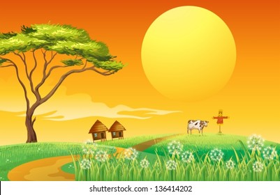 Illustration of a farm with a cow and a scarecrow