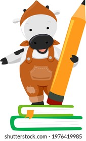 Illustration of a Farm Cow Wearing Jumper and Holding a Big Pencil Standing on Books