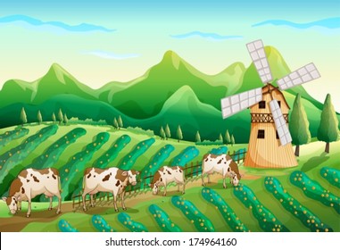 Illustration of a farm with cows