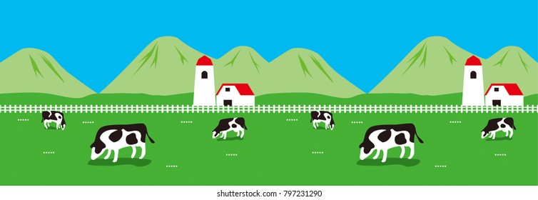 Illustration of Farm. Dairy farm landscape. Milk and beef image. Vector.