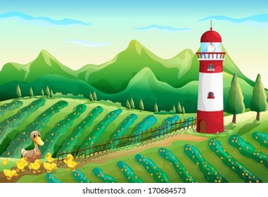 Illustration of a farm with a duck and ducklings across the tower