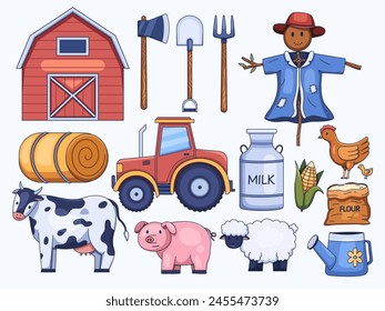 Illustration of farm elements, featuring adorable cows, sheep, and pigs, as well as farm buildings, a windmill, tractors, etc. A set of countryside life element illustrations.