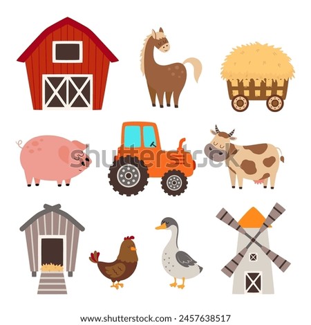 illustration of farm elements, featuring cute cows, horse, goose, cock and pig, as well as farm buildings, windmill, tractors, set of countryside life element illustrations