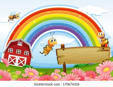 Illustration of a farm with an empty wooden board and a rainbow uphigh