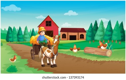 Illustration of a farm with a farmer and his pets