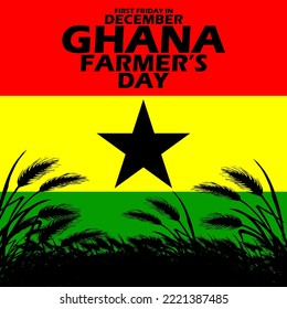 Ilustración de un campo agrícola con texto en negrita sobre el fondo de la bandera de Ghana para conmemorar el Día del Agricultor de Ghana el primer viernes de diciembre