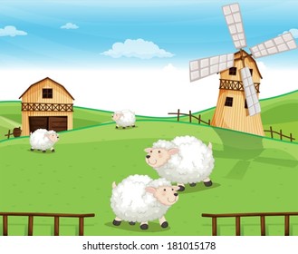 Illustration of a farm at the hills with sheeps