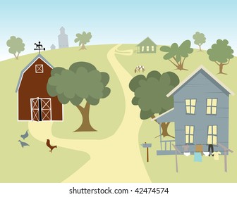 Illustration of a farm house with a barn in the background.