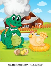 illustration of farm house, crocodile, hen and chicken