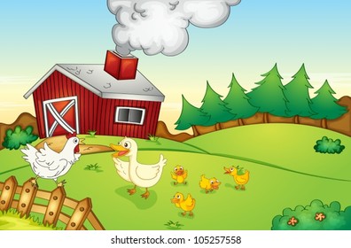 illustration of a farm house, hen and duck