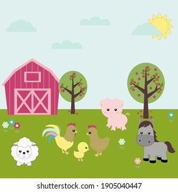 illustration with farm house, lawn, farm animals, sheep, horse, chicken, rooster and apple trees
