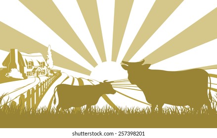 An illustration of a farm house thatched cottage in an idyllic landscape of rolling hills with two cows in silhouette standing in the foreground