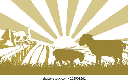 An illustration of a farm house thatched cottage in an idyllic landscape of rolling hills with two sheep in silhouette standing in the foreground