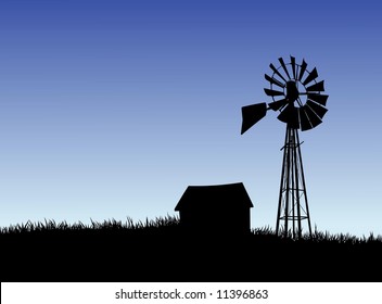 Illustration of a Farm House and Windmill Silhouette.