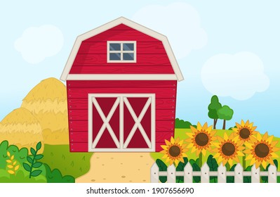 Illustration of a farm landscape in cartoon style. Red barn on the field. Farm scene with sunflowers and haystack.
