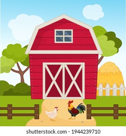 Illustration of a farm landscape in cartoon style. Red barn on the field. Farm scene with  cock and hen.
