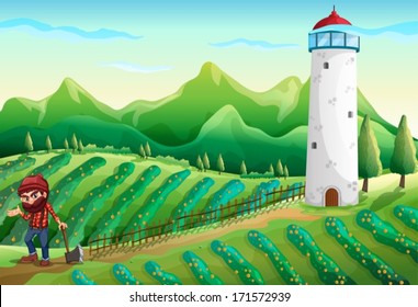  Illustration of a farm with a lumberjack and a tower