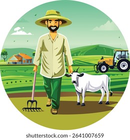Illustration of an Farm with a man, tractor and animals