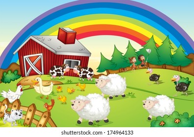 Illustration of a farm with many animals and a rainbow in the sky